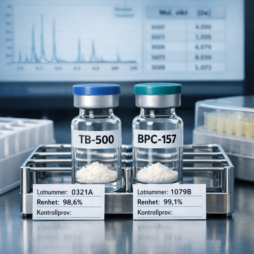 Nu00e4rbild av provvialer mu00e4rkta TB-500 och BPC-157 i sterilt labb, med kromatogram och lotnummer; tb 500 peptide analyseras.