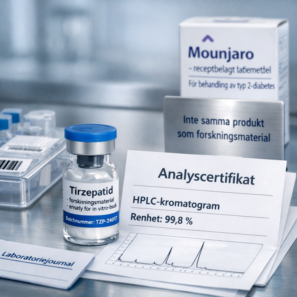 Makrofoto av tirzepatid-forskningsvial med analyscertifikat, HPLC-kromatogram och separat Mounjaro-kartong; u201dtirzepatid ku00f6pu201d.