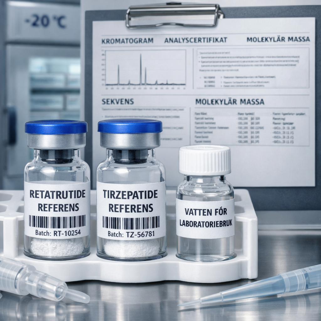 Laboratorievy med RETATRUTIDE och TIRZEPATIDE, analysdokumentation och vattenflaska; inget fu00f6r kliniskt bruk, u201dbuy peptidesu201d.