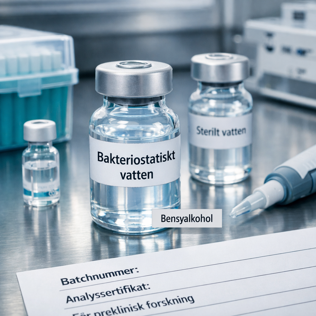 Mu00e4rkt vial med bakteriostatiskt vatten och sterilt vatten pu00e5 rostfri labbu00e4nk, omgiven av laboratorieutrustning.