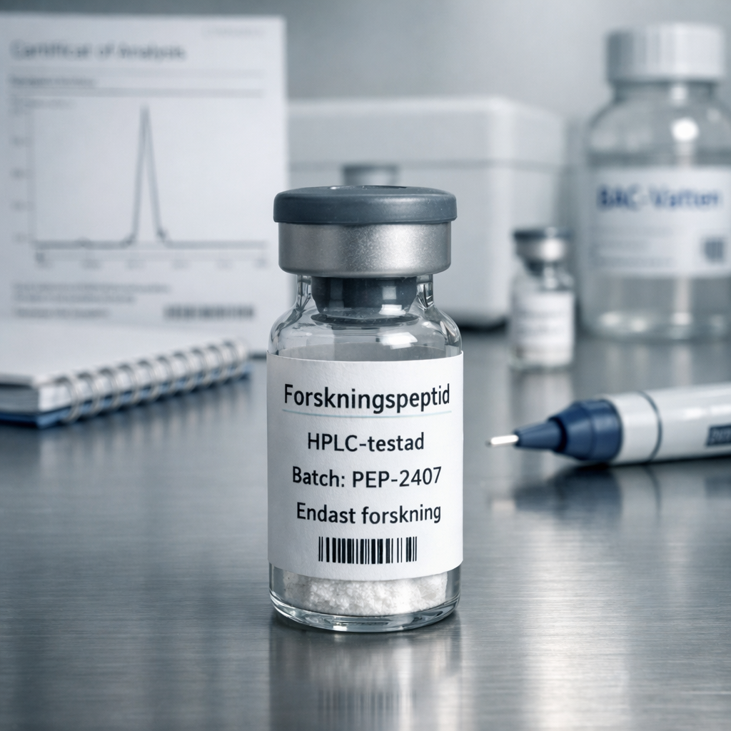 Makrobild av mu00e4rkt forskningspeptid med HPLC-kromatogram och analyscertifikat; texten u201dku00f6pa peptidu201d syns diskret.