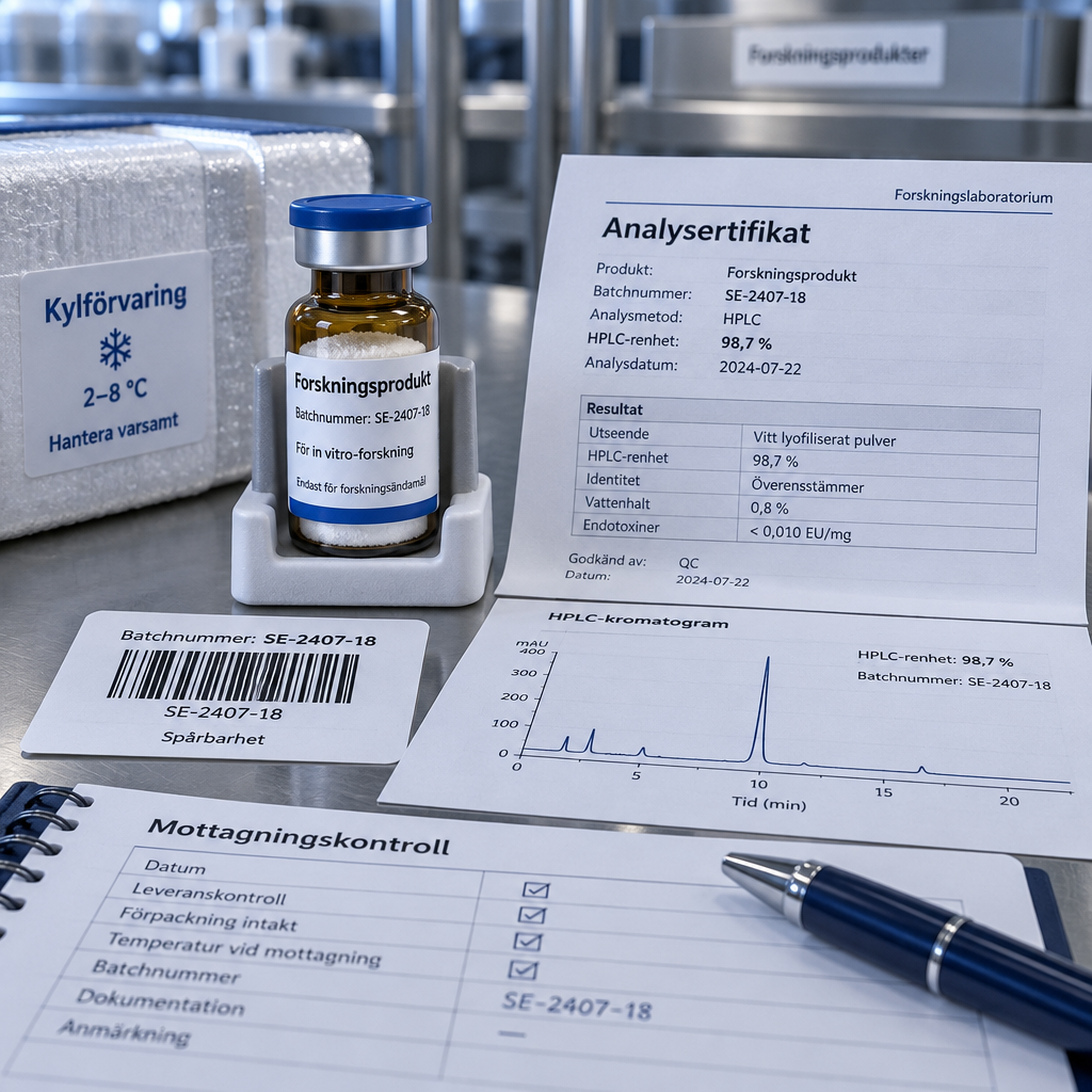 Nu00e4rbild av mu00e4rkt peptidprov med analyscertifikat, kromatogram och spu00e5rbarhetsdokument; texten u201dku00f6pa peptider onlineu201d syns.