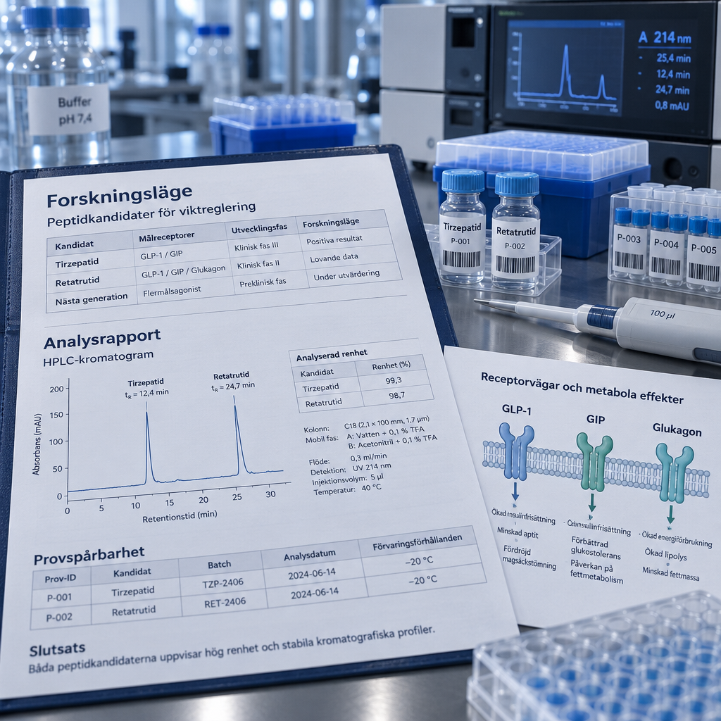 Analysrapport och HPLC-kromatogram fu00f6r peptider viktminskning med mu00e4rkta forskningsprover pu00e5 laborationsbu00e4nk.