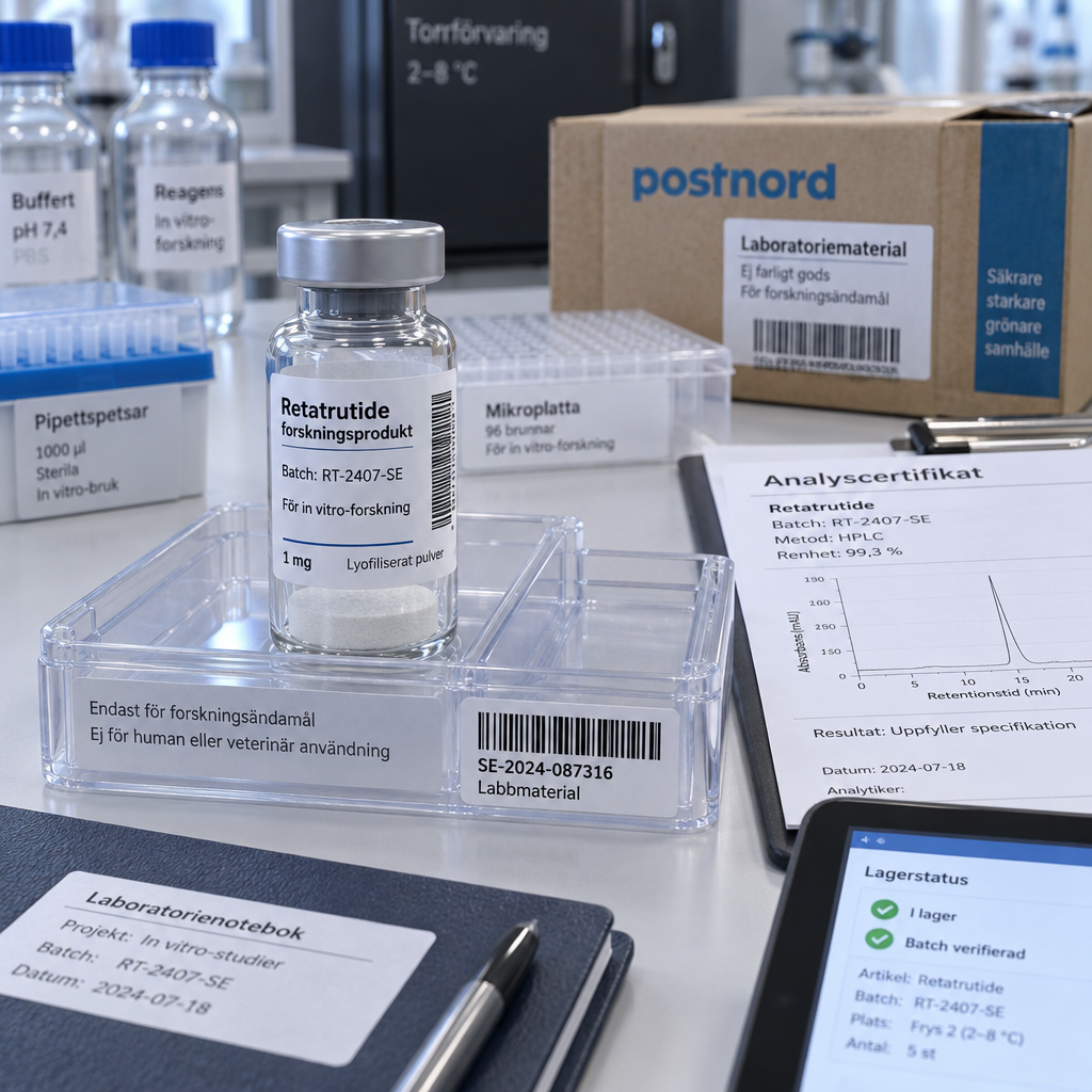 Nu00e4rbild av retatrutide sverige-vial med svensk forskningsetikett, batchkod och barkod pu00e5 laboratoriebu00e4nk med analyscertifikat.