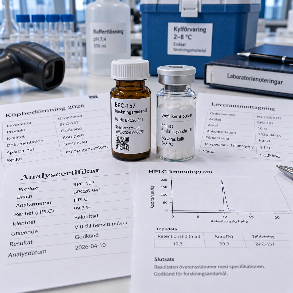 Nu00e4rbild av BPC-157-forskningsmaterial med svenska spu00e5rbarhetshandlingar, HPLC-kromatogram och inku00f6psbedu00f6mning; bpc 157 ku00f6pa.