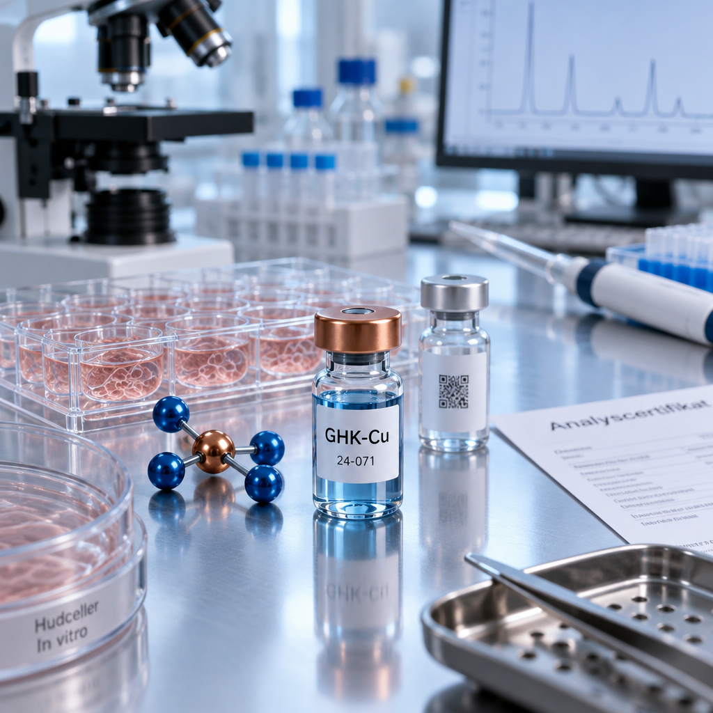 Mikrovial mu00e4rkt GHK-Cu och 24-071 pu00e5 hudcellsbu00e4nk med provplatta och molekylmodell; peptider hudvu00e5rd bu00e4st i test