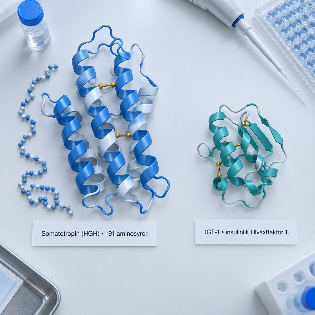 Separata modeller av HGH och IGF-1 på labbbänk, märkta med vad är hgh och IGF-1; vial, pipett och analysplatta intill.