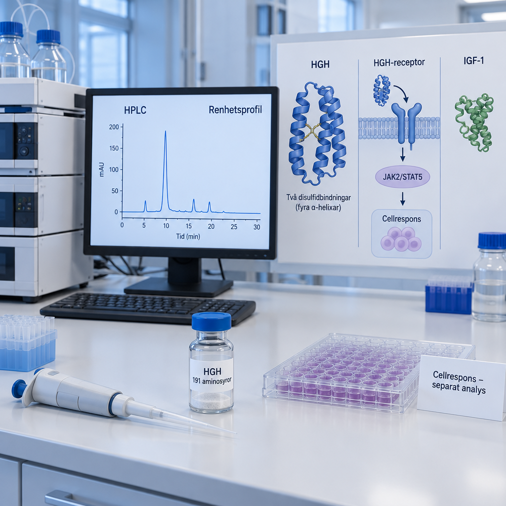 Laboratoriebänk med HPLC-renhetsprofil och separat HGH-cellresponsanalys; visar vad är hgh, JAK2/STAT5 och IGF-1.
