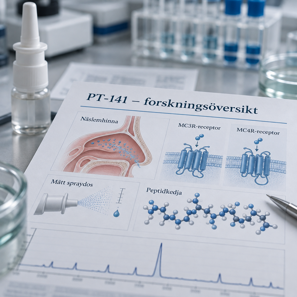 Forskningsblad om PT-141, nu00e4sslemhinna, MC3R/MC4R och peptidkedja; pt-141 peptide nasal spray for men syns suddigt i bakgrunden.