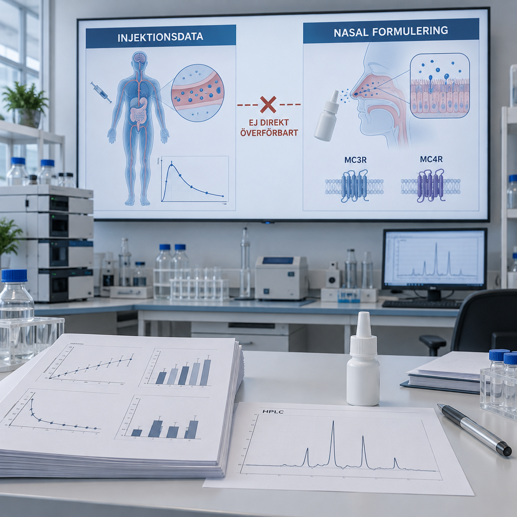 Biomedicinskt labb visar åtskilda injektions- och näsdata, MC3R/MC4R-diagram och en omärkt flaska för pt-141 peptide nasal spray for men.
