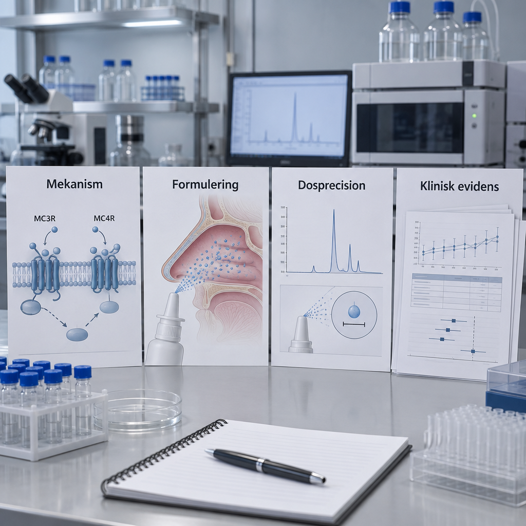 Forskningsbänk med MC3R/MC4R-diagram, nässprayflaska, HPLC-kromatogram och sidor märkta Mekanism, Formulering, Dosprecision och Klinisk evidens för pt-141 peptide nasal spray for men.