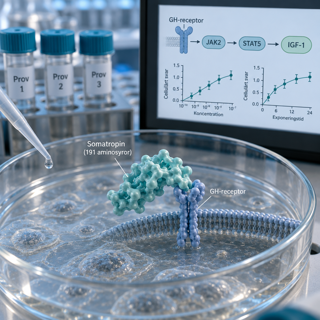 Makrobild av somatropinprotein och cellreceptor i laboratorium, med signalvu00e4g och celldata; hgh tillvu00e4xthormon.