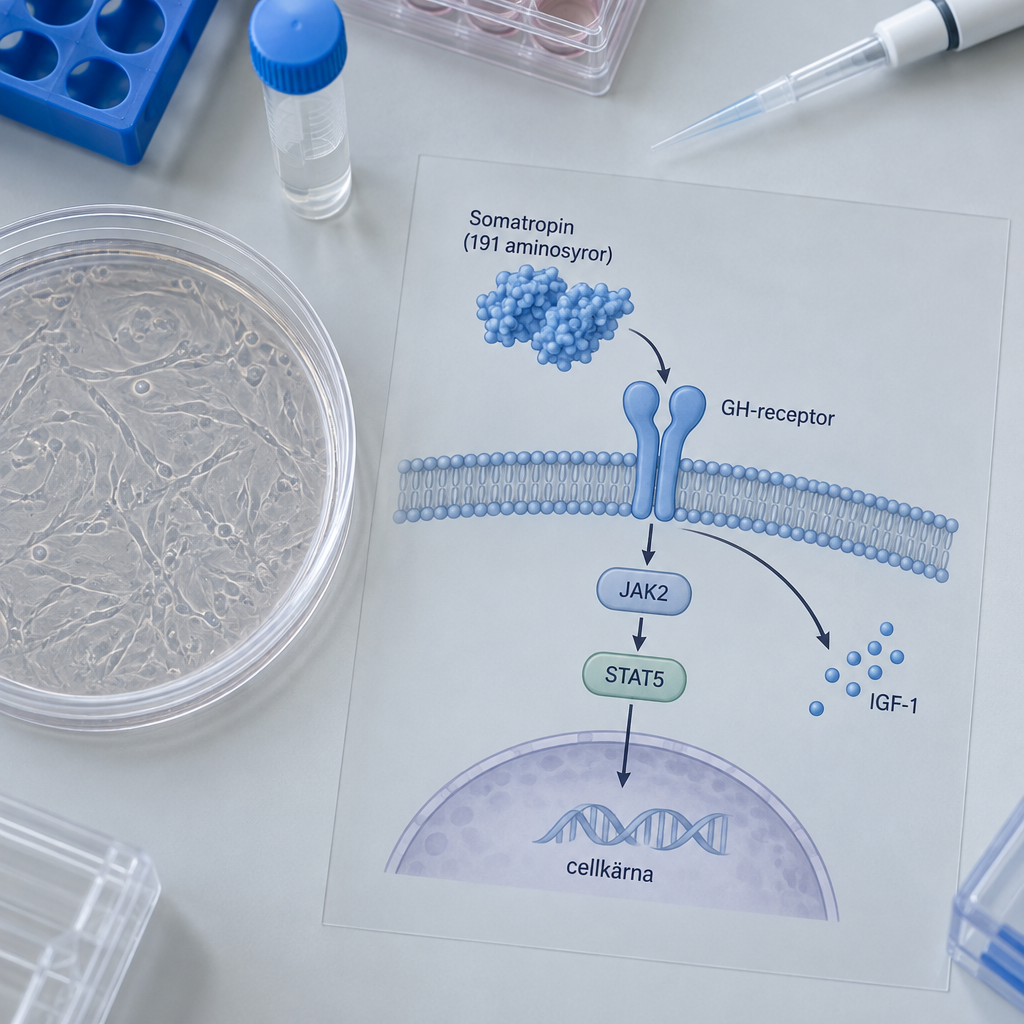 Odlad cell, pipett och diagram över hgh tillväxthormonets signalväg: GH-receptor, JAK2, STAT5, cellkärna och IGF-1.