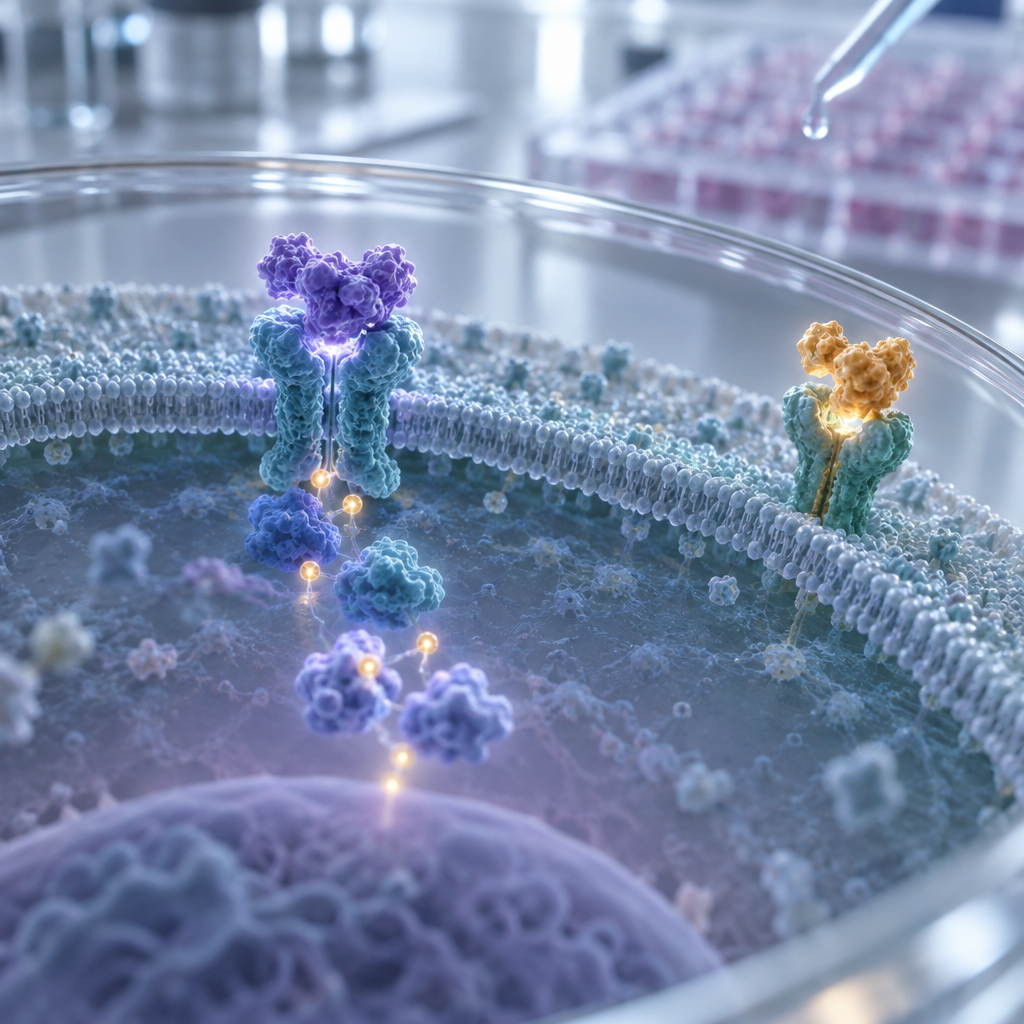 Makrobild av tillvu00e4xthormoner: violett GH bundet till membranreceptor, med JAK2, STAT5 och separat bu00e4rnstensfu00e4rgat IGFu20111.