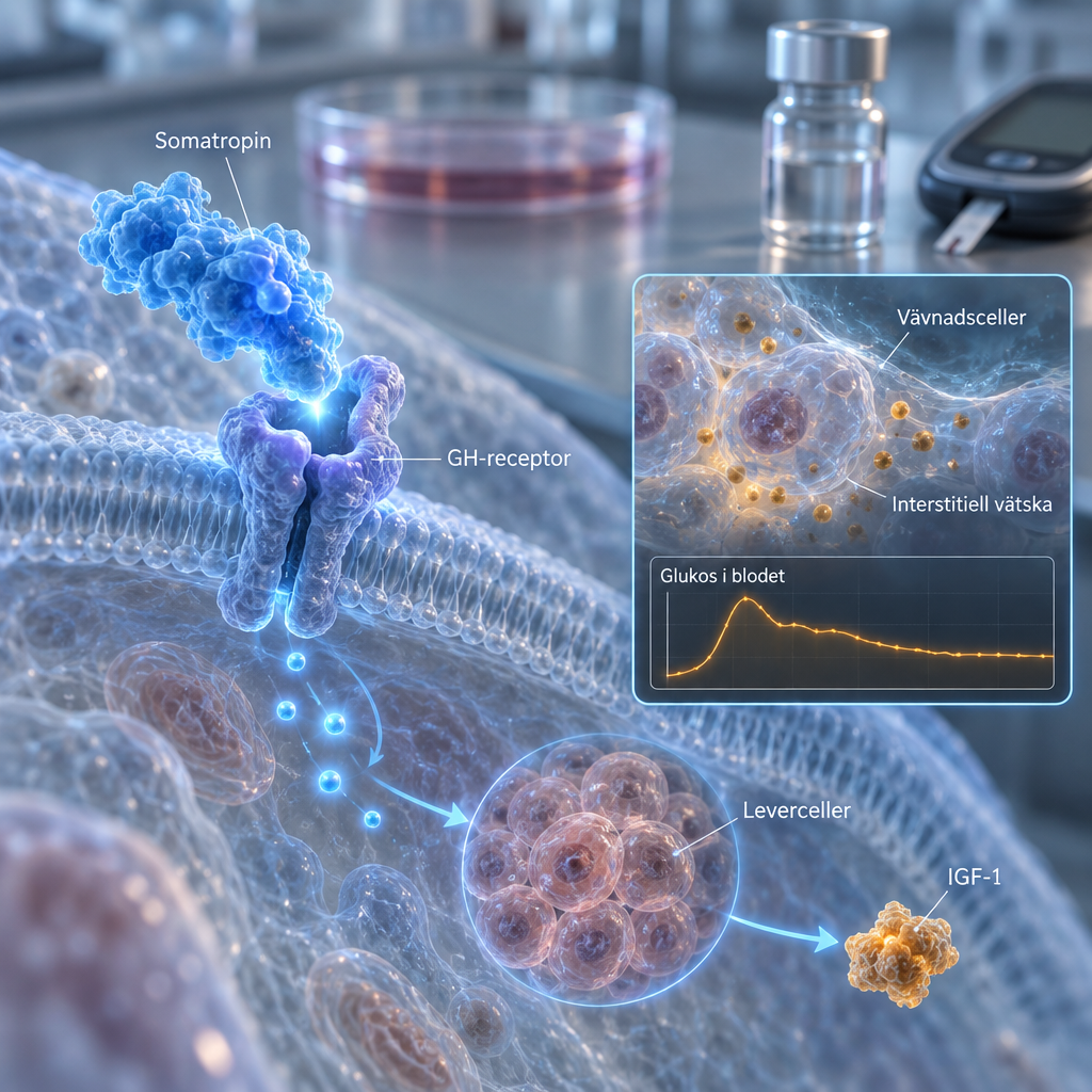 Makrobild av GH-receptor som binder somatropin, med IGF-1-signal, leverceller och glukosspu00e5r; saklig illustration av hgh biverkningar.