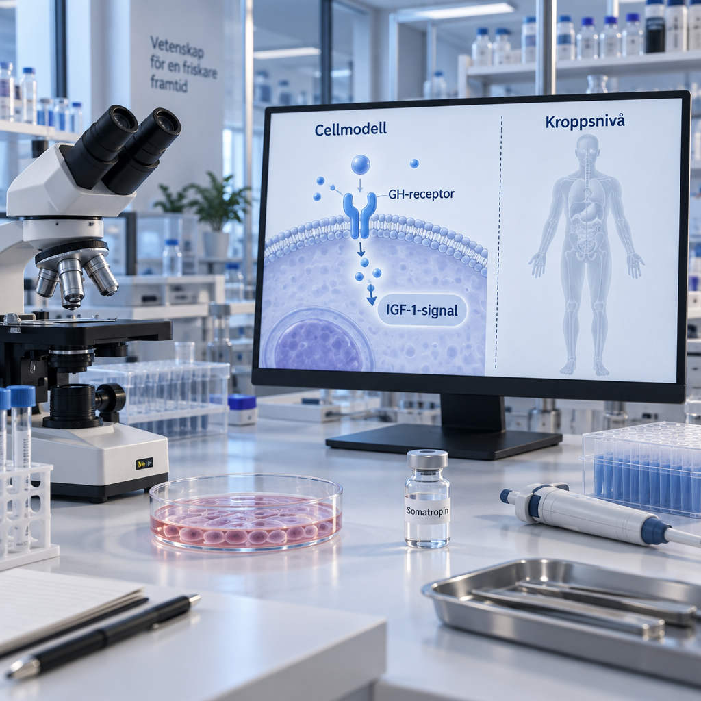 Laboratorium visar cellmodell med GH-receptor och IGF-1-signal, skild från kroppsnivå; somatropin och hgh biverkningar.