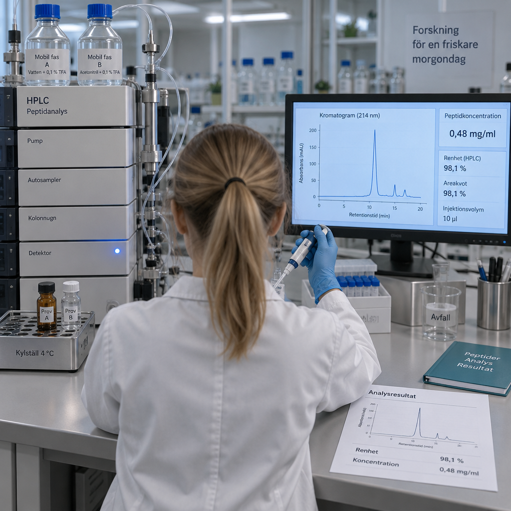 Forskare jämför peptidprover vid en HPLC-apparat; skärmen visar renhet och koncentration – vad är peptider?