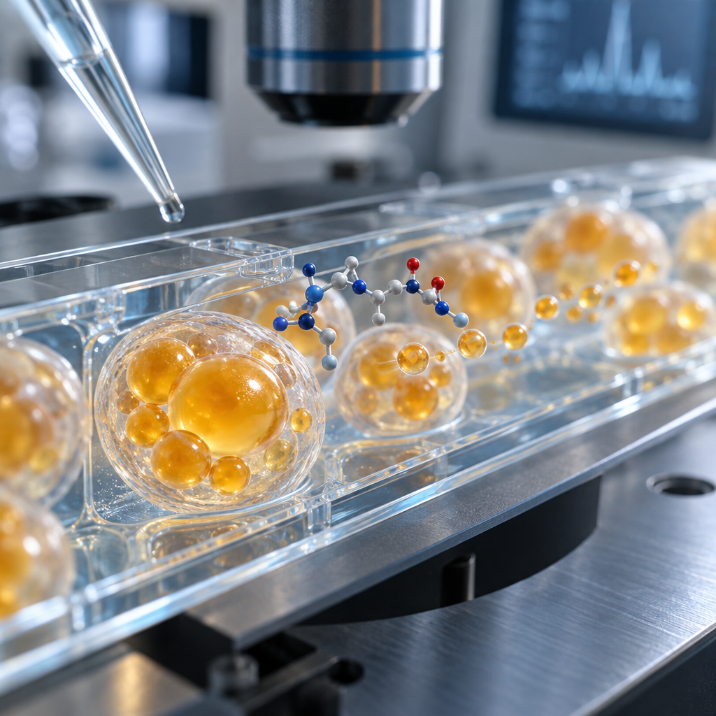 Makrobild av fettceller med bu00e4rnstensfu00e4rgade droppar och peptidmodell i ett mikroskopglas, peptider fettfu00f6rbru00e4nning i labbmilju00f6.