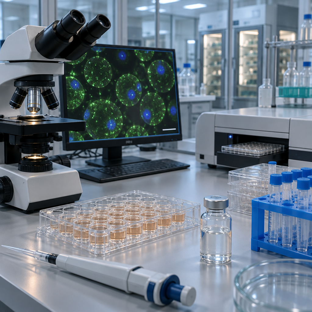 Cellbiologiskt laboratorium med odlingsplatta, mikroskop och fluorescerande fettceller; peptider fettförbränning studeras på cellnivå.