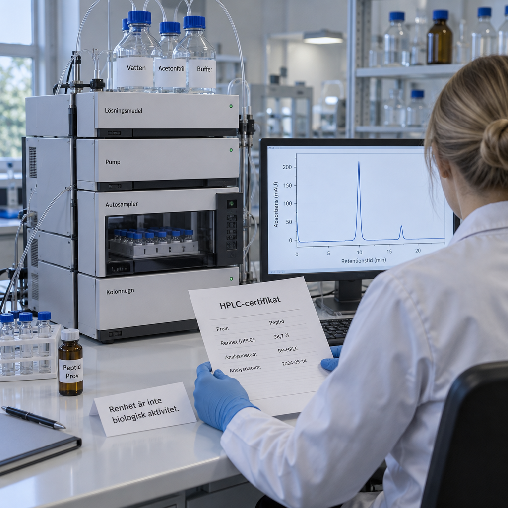 HPLC-instrument med kromatogram, peptidprov och analyscertifikat; analytiker granskar renhet, inte biologisk aktivitet. peptider fettförbränning