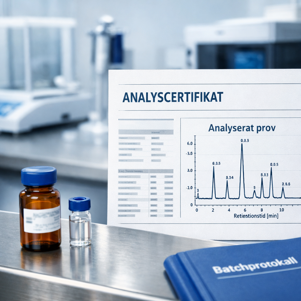 Svenskt analyscertifikat och HPLC-kromatogram bredvid fu00f6rseglad peptidvial i laboratorium, peptider sverige