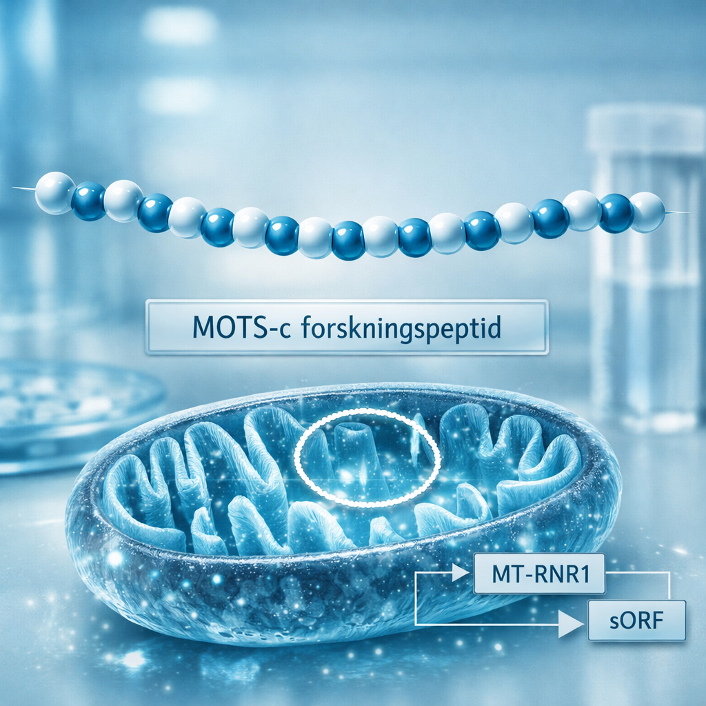 mots c peptide som blu00e5vit peptidkedja ovanfu00f6r en detaljerad mitokondrie i sterilt molekylu00e4rbiologiskt laboratorium.