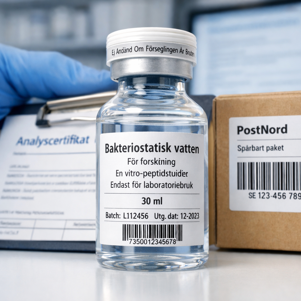Fu00f6rseglad laboratorieflaska med svensk etikett, analyscertifikat och PostNord-kartong; su00f6kfras: where to buy bac water for peptides