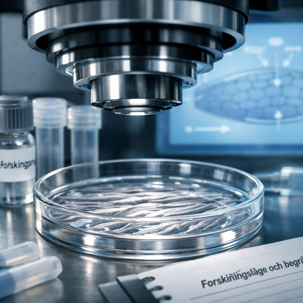 Nu00e4rbild av odlade muskelceller under mikroskop med provvial och analysmaterial, som granskar peptider muskeltillvu00e4xt.
