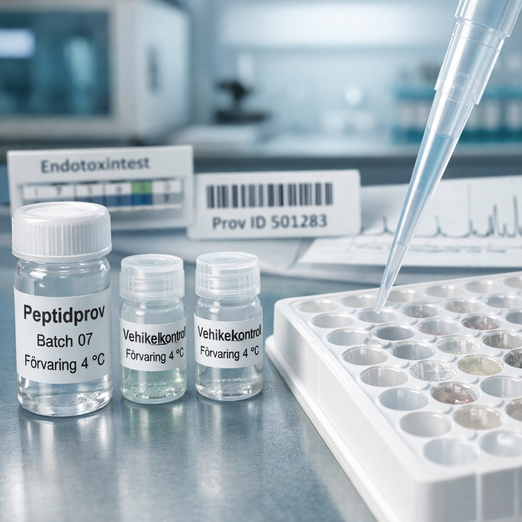 Peptider biverkningar: steril laboratorieanalys med mu00e4rkta provru00f6r, cellodlingsplatta och pipett pu00e5 arbetsbu00e4nk.