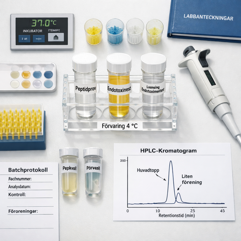 Översikt av laboratorium med peptidprov, endotoxintest, HPLC-kromatogram och kontrollmaterial för att studera peptider biverkningar
