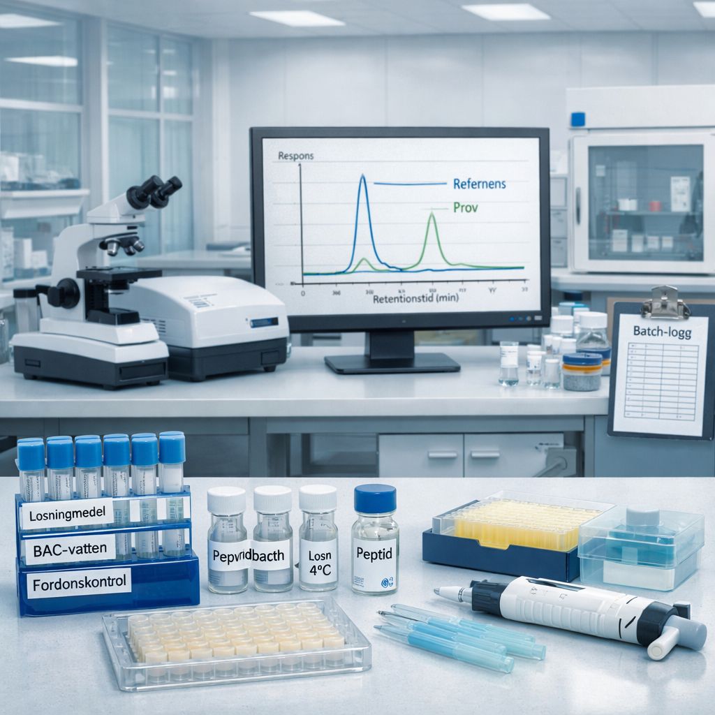 Modernt biomedicinskt laboratorium med peptidprover, cellodlingsplatta och kromatogram; peptider biverkningar.