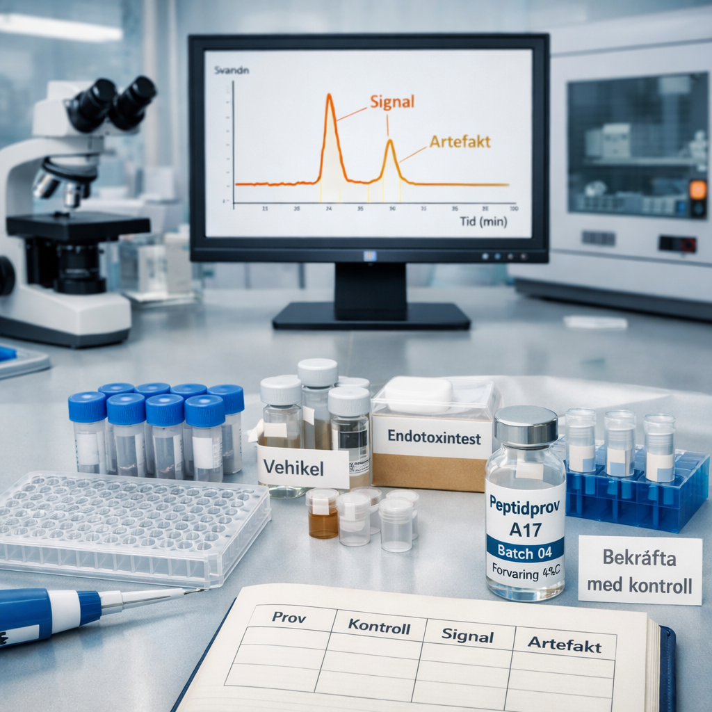 Laboratoriebänk med cellplatta, peptidprover och HPLC-kromatogram för att verifiera peptider biverkningar.