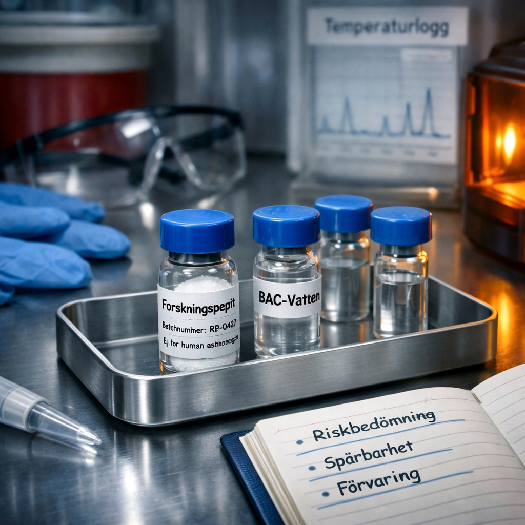 Laboratoriebu00e4nk med mu00e4rkta forskningsvialer, skyddsutrustning och riskdokumentation; u00e4r peptider farligt?