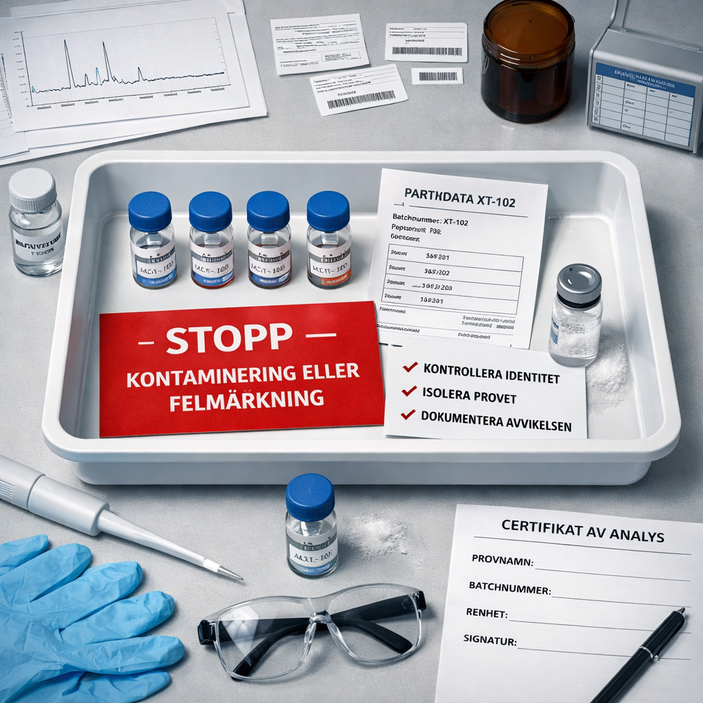 Översikt av karantänförsatt labbprov med felmärkt peptid, riskchecklista och skyddsutrustning; är peptider farligt.