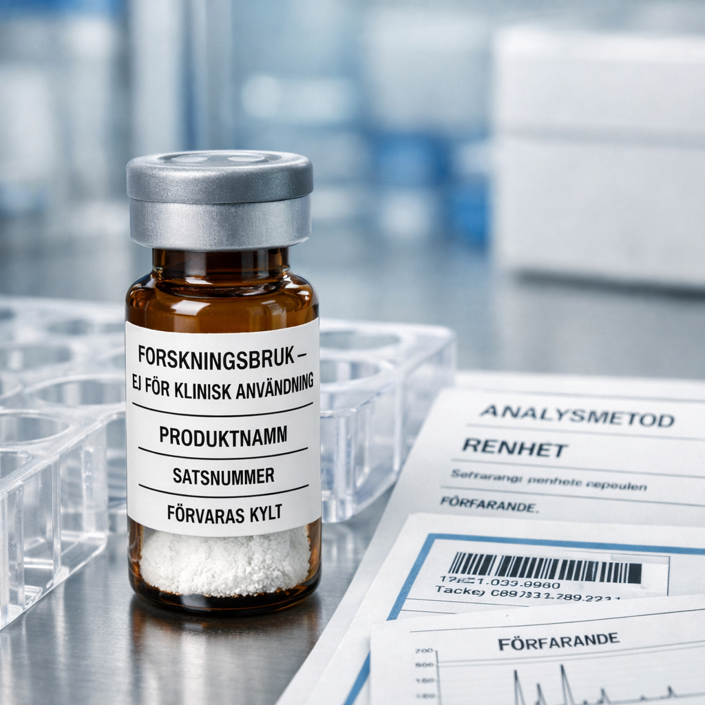 Fu00f6rseglad forskningspeptidflaska med svensk etikett, analysdokument och kromatogram pu00e5 ren laboratoriebu00e4nk; produkter.