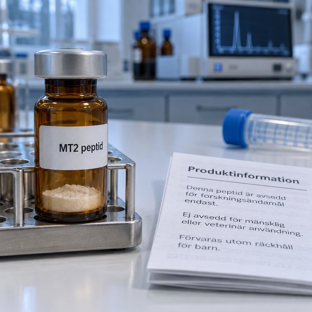 Amberfu00e4rgad MT2-peptidflaska i metallstu00e4ll bredvid en svensk informationsfolder och provru00f6r i ett kliniskt laboratorium.