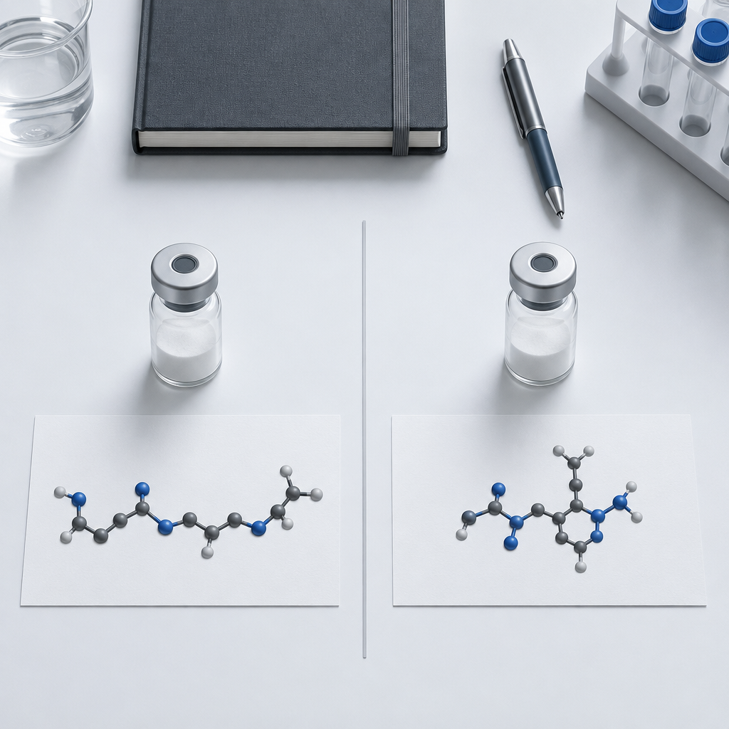 Översiktsbild av två åtskilda vialer och olika peptiddiagram på klinisk yta; mt 2 peptide står separat från Melanotan I.