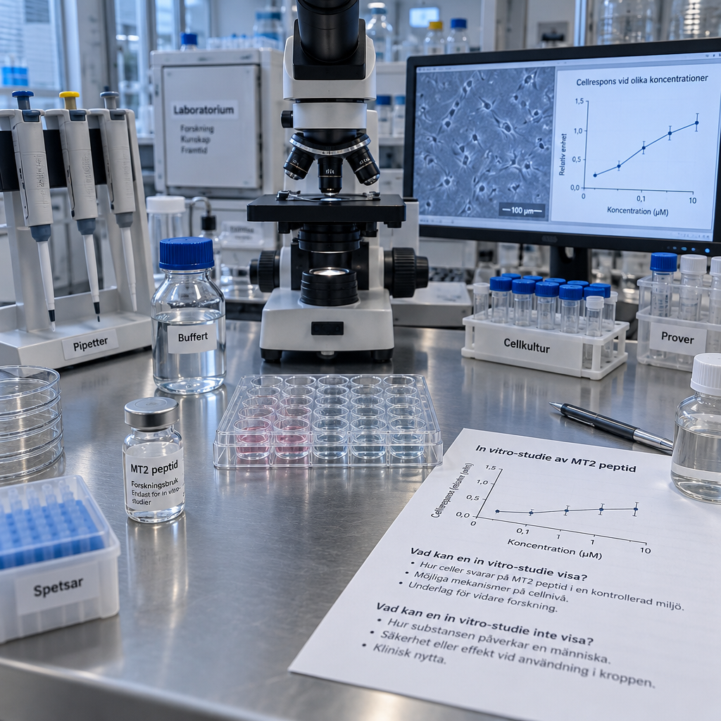 Rent forskningslaboratorium med odlingsplatta, mikroskop och diagram som visar ett in vitro-experiment med mt 2 peptide.