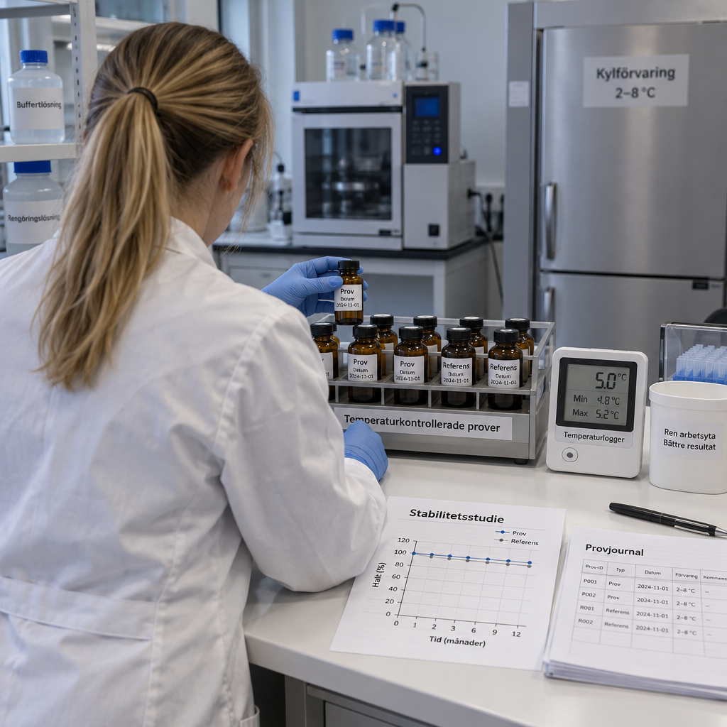 Forskare jämför märkta prov- och referensvialer i ett laboratorium; mt 2 peptide och stabilitetsdata dokumenteras.