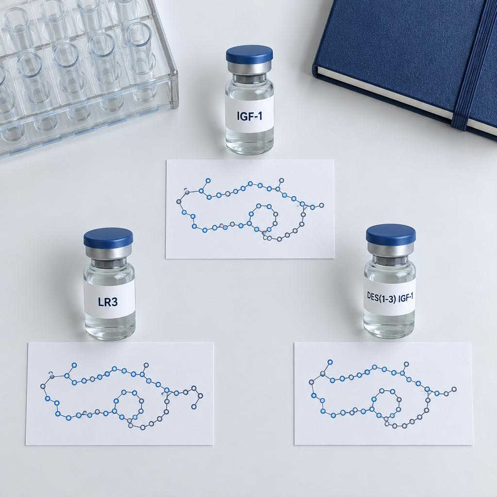 Tre märkta provrör med igf 1 lr3 peptide och separata molekylscheman på ett vitt laboratoriebord.